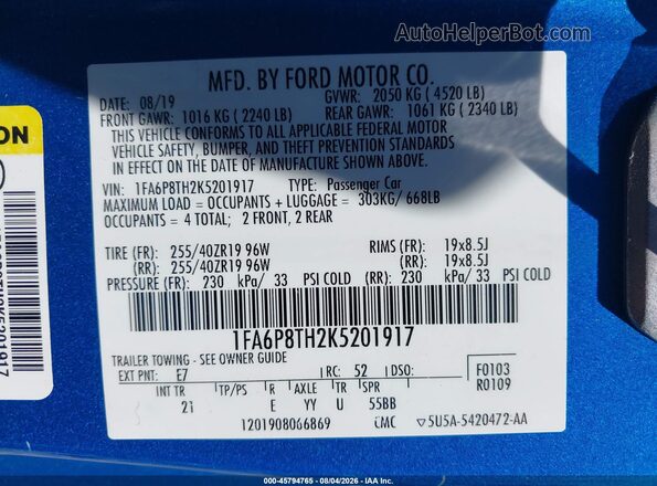 1FA6P8TH2K5201917 2019 FORD MUSTANG Blue Engine compartment view