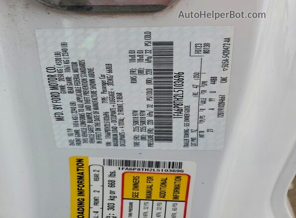 1FA6P8TH2L5103696 2020 FORD MUSTANG White Vista del compartimento del motor