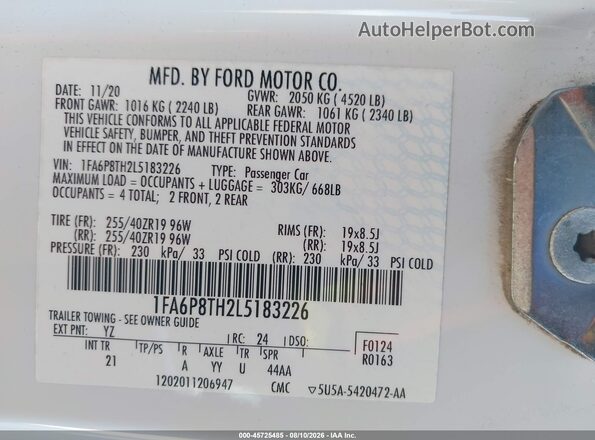 1FA6P8TH2L5183226 2020 FORD MUSTANG White Շարժիչի բաժամունքի տեսք
