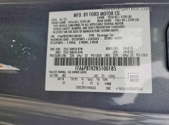 1FA6P8TH2N5100185 2022 FORD MUSTANG Серый Вид наклейки с VIN-кодом