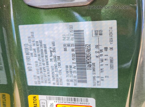 1FA6P8TH2N5146552 2022 FORD MUSTANG Green Widok komory silnika