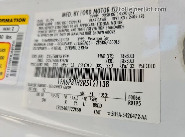 1FA6P8TH2R5121138 2024 FORD MUSTANG White ძრავის განყოფილების ხედი