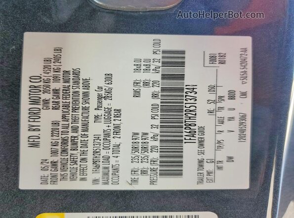 1FA6P8TH2R5137341 2024 FORD MUSTANG Black VIN կոդի պիտակի տեսք