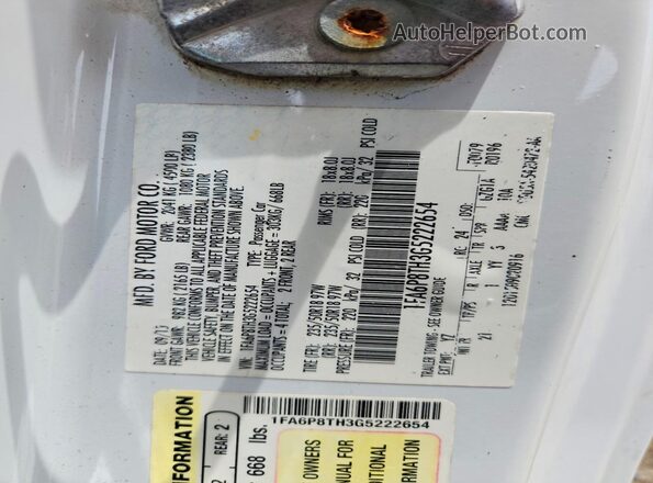 1FA6P8TH3G5222654 2016 FORD MUSTANG Белый Вид наклейки с VIN-кодом