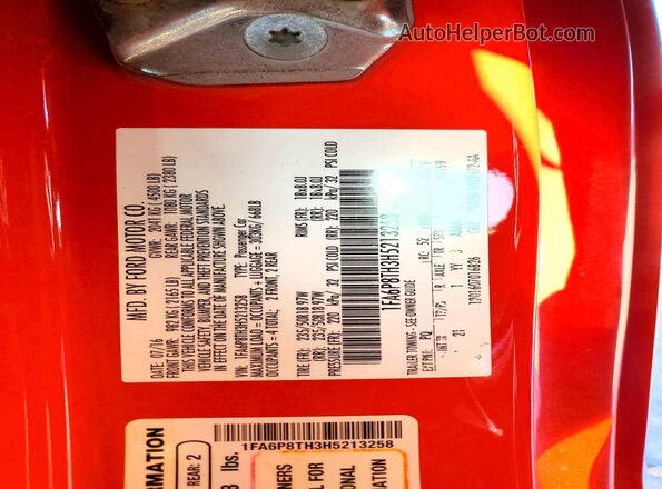 1FA6P8TH3H5213258 2017 FORD MUSTANG Red Widok naklejki z numerem VIN