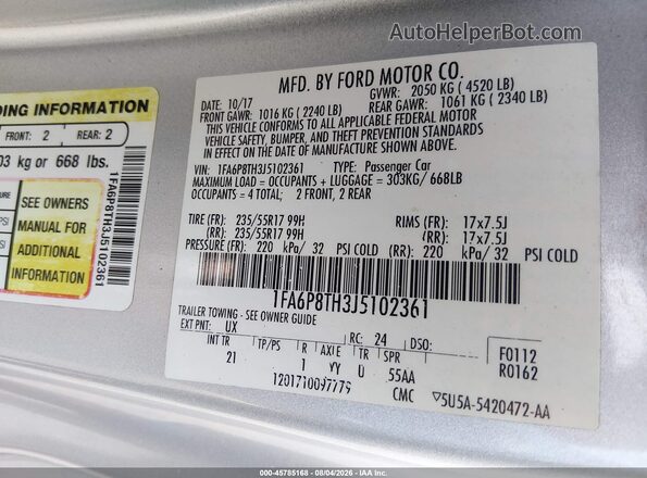 1FA6P8TH3J5102361 2018 FORD MUSTANG Silver Շարժիչի բաժամունքի տեսք