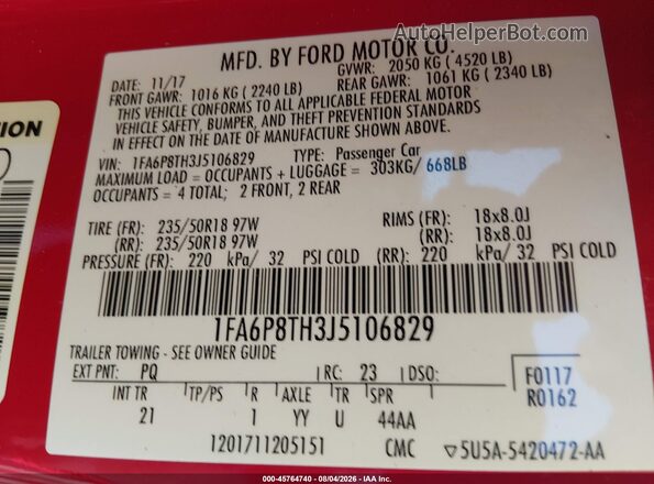 1FA6P8TH3J5106829 2018 FORD MUSTANG Red ძრავის განყოფილების ხედი