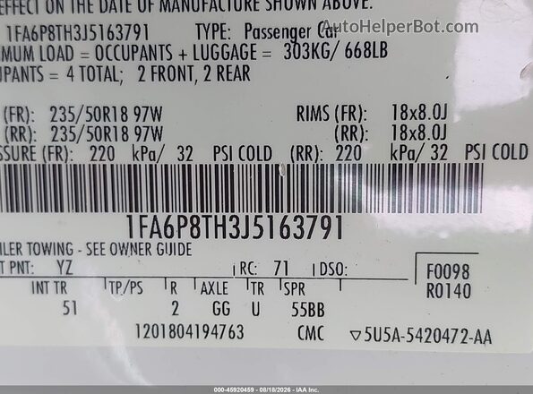 1FA6P8TH3J5163791 2018 FORD MUSTANG White ძრავის განყოფილების ხედი