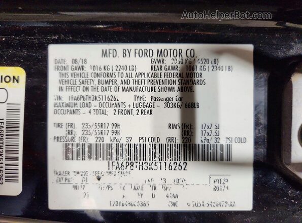 1FA6P8TH3K5116262 2019 FORD MUSTANG Black Vista de la etiqueta del VIN
