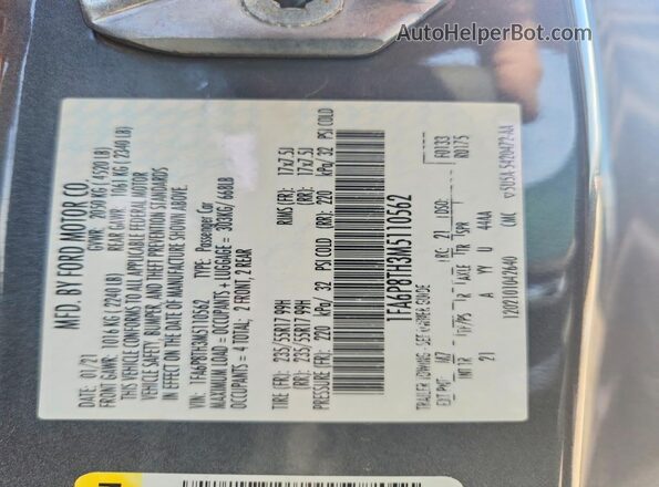 1FA6P8TH3M5110562 2021 FORD MUSTANG Gray VIN կոդի պիտակի տեսք