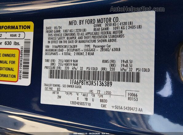 1FA6P8TH3R5136389 2024 FORD MUSTANG Blue Вид підкапотного простору