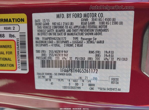 1FA6P8TH4G5261172 2016 FORD MUSTANG Red Vista del compartimento del motor