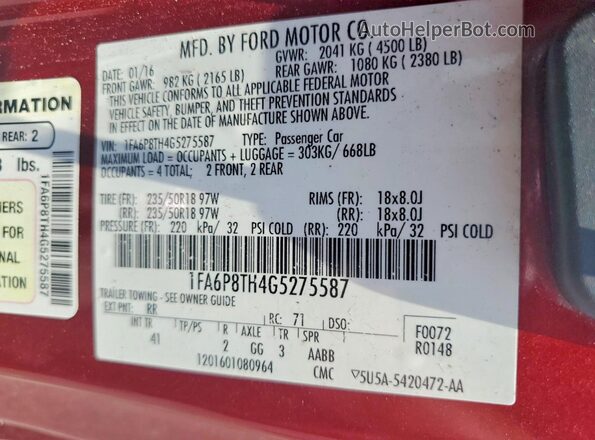 1FA6P8TH4G5275587 2016 FORD MUSTANG Red VIN sticker view