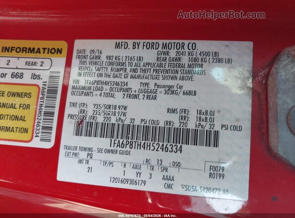 1FA6P8TH4H5246334 2017 FORD MUSTANG Red Widok komory silnika