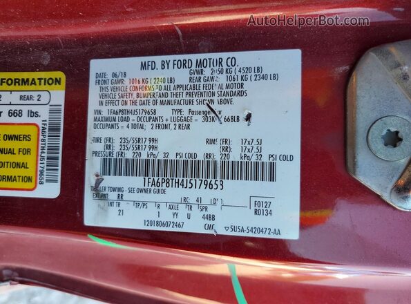 1FA6P8TH4J5179658 2018 FORD MUSTANG Красный Вид подкапотного пространства