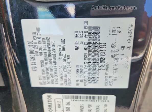 1FA6P8TH4K5111913 2019 FORD MUSTANG Black Vista de la etiqueta del VIN