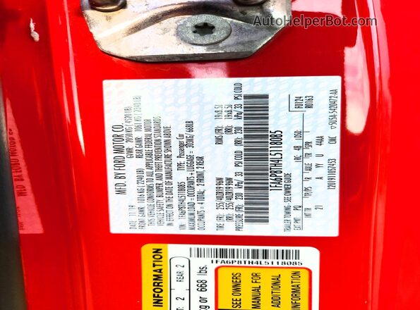 1FA6P8TH4L5118085 2020 FORD MUSTANG Red Vista del compartimento del motor