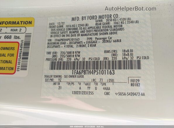 1FA6P8TH4P5101163 2023 FORD MUSTANG White Vista del compartimento del motor