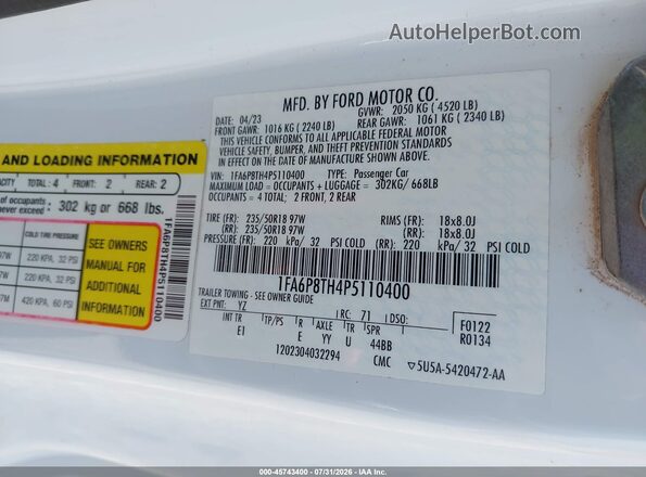 1FA6P8TH4P5110400 2023 FORD MUSTANG Белый Вид подкапотного пространства