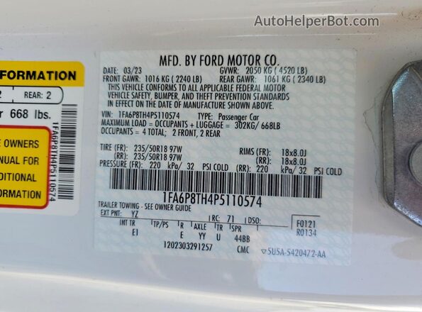 1FA6P8TH4P5110574 2023 FORD MUSTANG White Engine compartment view