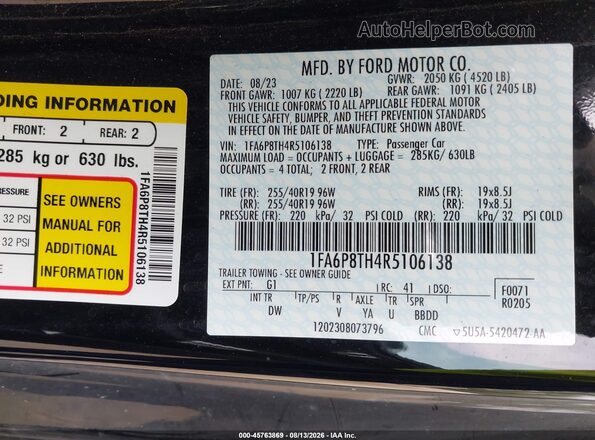 1FA6P8TH4R5106138 2024 FORD MUSTANG Black Շարժիչի բաժամունքի տեսք