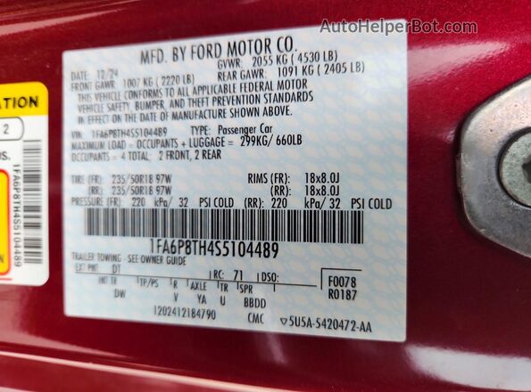 1FA6P8TH4S5104489 2025 FORD MUSTANG Red Vista del compartimento del motor