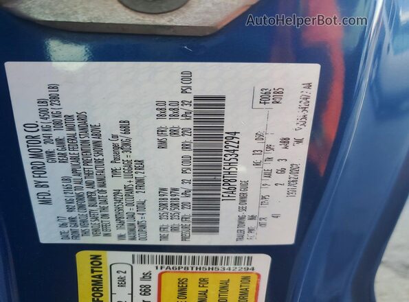 1FA6P8TH5H5342294 2017 FORD MUSTANG Blue Vista de la etiqueta del VIN