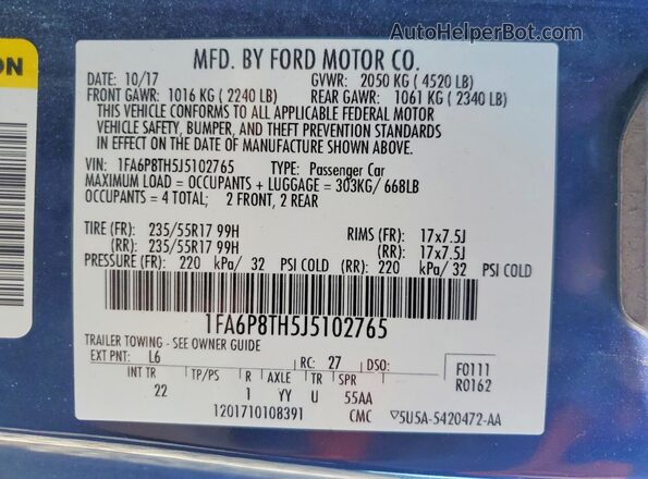 1FA6P8TH5J5102765 2018 FORD MUSTANG Blue VIN sticker view
