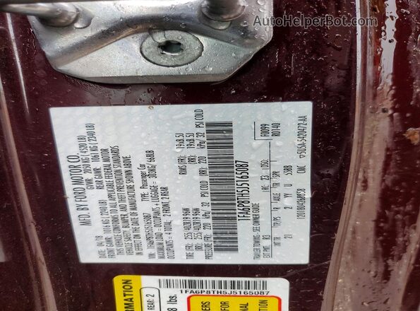 1FA6P8TH5J5165087 2018 FORD MUSTANG Бордовый Вид наклейки с VIN-кодом