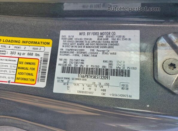 1FA6P8TH5K5132091 2019 FORD MUSTANG Gray ძრავის განყოფილების ხედი