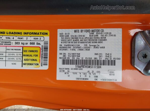 1FA6P8TH5M5111504 2021 FORD MUSTANG Orange Widok komory silnika