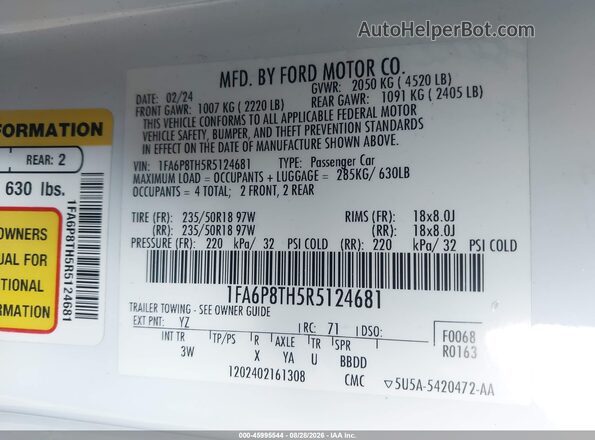 1FA6P8TH5R5124681 2024 FORD MUSTANG Белый Вид подкапотного пространства