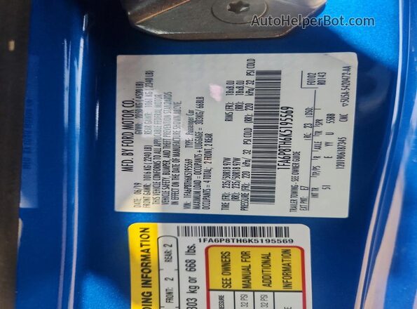 1FA6P8TH6K5195569 2019 FORD MUSTANG Blue Vista del compartimento del motor