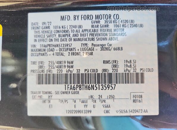 1FA6P8TH6N5135957 2022 FORD MUSTANG Black Вид наклейки з VIN-кодом