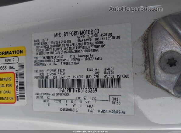 1FA6P8TH7K5133369 2019 FORD MUSTANG Белый Вид подкапотного пространства