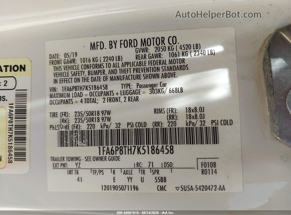 1FA6P8TH7K5186458 2019 FORD MUSTANG White Вид підкапотного простору