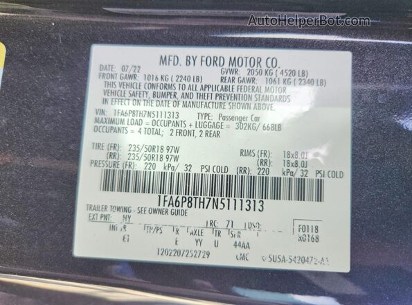 1FA6P8TH7N5111313 2022 FORD MUSTANG Charcoal Engine compartment view