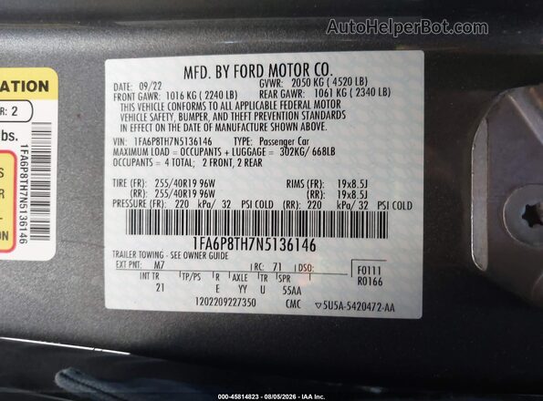 1FA6P8TH7N5136146 2022 FORD MUSTANG Gray ძრავის განყოფილების ხედი