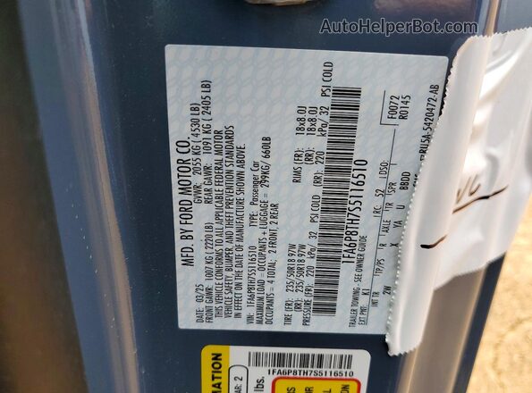 1FA6P8TH7S5116510 2025 FORD MUSTANG Серый Вид наклейки с VIN-кодом