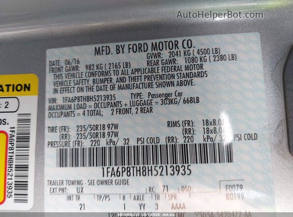 1FA6P8TH8H5213935 2017 FORD MUSTANG Silver Вид підкапотного простору