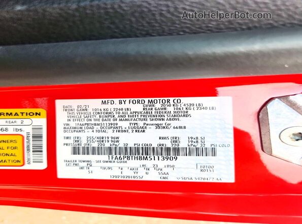 1FA6P8TH8M5113909 2021 FORD MUSTANG Red Engine compartment view