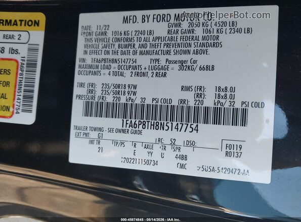 1FA6P8TH8N5147754 2022 FORD MUSTANG Black Vista del compartimento del motor