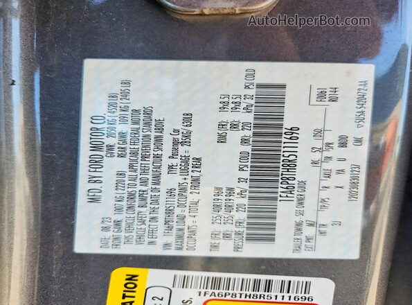 1FA6P8TH8R5111696 2024 FORD MUSTANG Gray VIN կոդի պիտակի տեսք