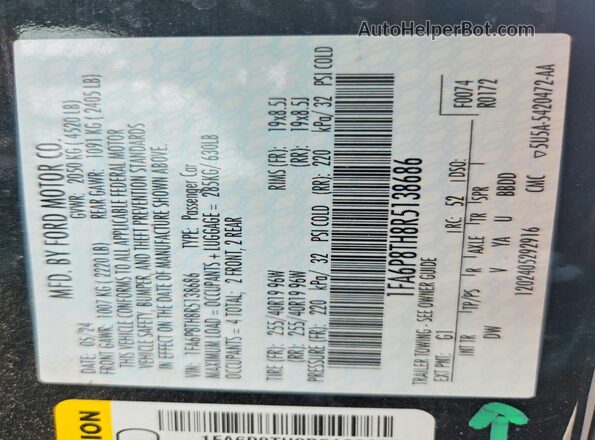 1FA6P8TH8R5138686 2024 FORD MUSTANG Black Vista de la etiqueta del VIN