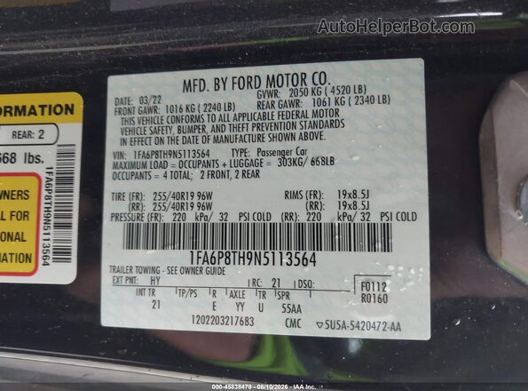 1FA6P8TH9N5113564 2022 FORD MUSTANG Black Widok komory silnika
