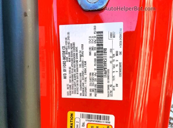 1FA6P8TH9R5111898 2024 FORD MUSTANG Red VIN sticker view