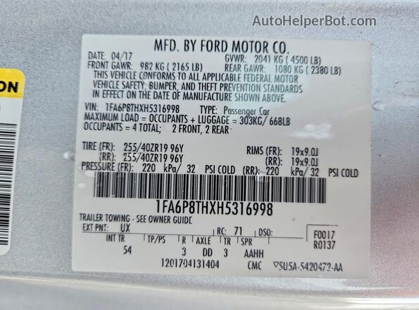 1FA6P8THXH5316998 2017 FORD MUSTANG Silver Вид підкапотного простору