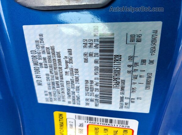 1FA6P8THXK5117828 2019 FORD MUSTANG Blue VIN კოდის სტიკერის ხედი