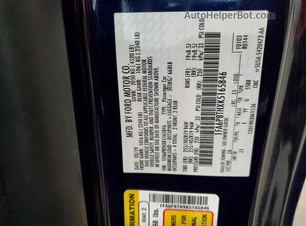 1FA6P8THXK5165846 2019 FORD MUSTANG Blue Vista de la etiqueta del VIN