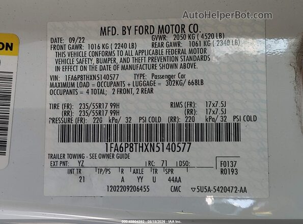 1FA6P8THXN5140577 2022 FORD MUSTANG White Widok komory silnika